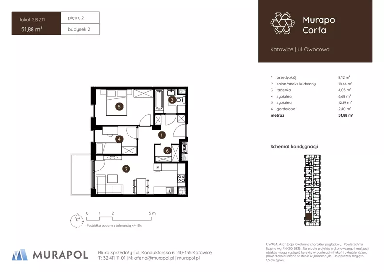 3 pokoje, mieszkanie 51,88 m², piętro 2, oferta nr 2.B.2.11, Murapol Corfa, Katowice, Wełnowiec-Józefowiec, Wełnowiec, ul. Owocowa
