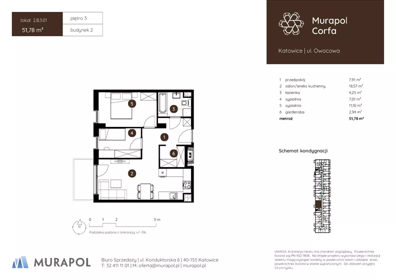 3 pokoje, mieszkanie 51,78 m², piętro 3, oferta nr 2.B.3.01, Murapol Corfa, Katowice, Wełnowiec-Józefowiec, Wełnowiec, ul. Owocowa
