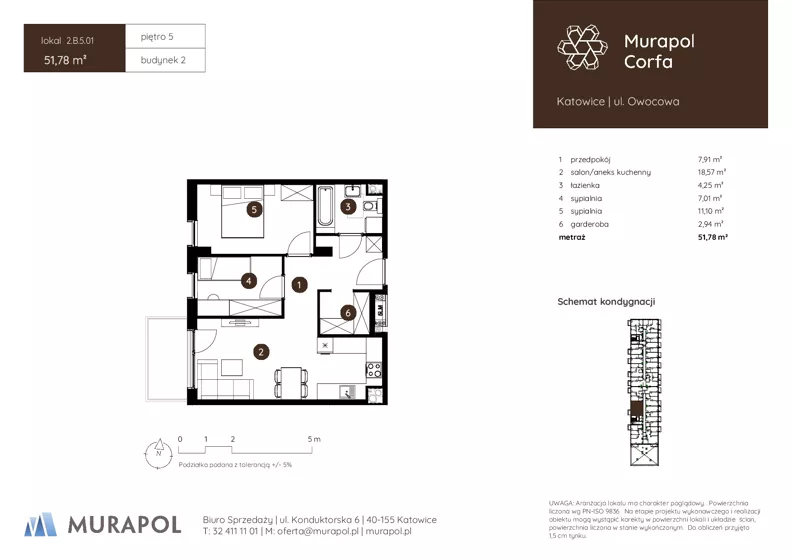 3 pokoje, mieszkanie 51,78 m², piętro 5, oferta nr 2.B.5.01, Murapol Corfa, Katowice, Wełnowiec-Józefowiec, Wełnowiec, ul. Owocowa