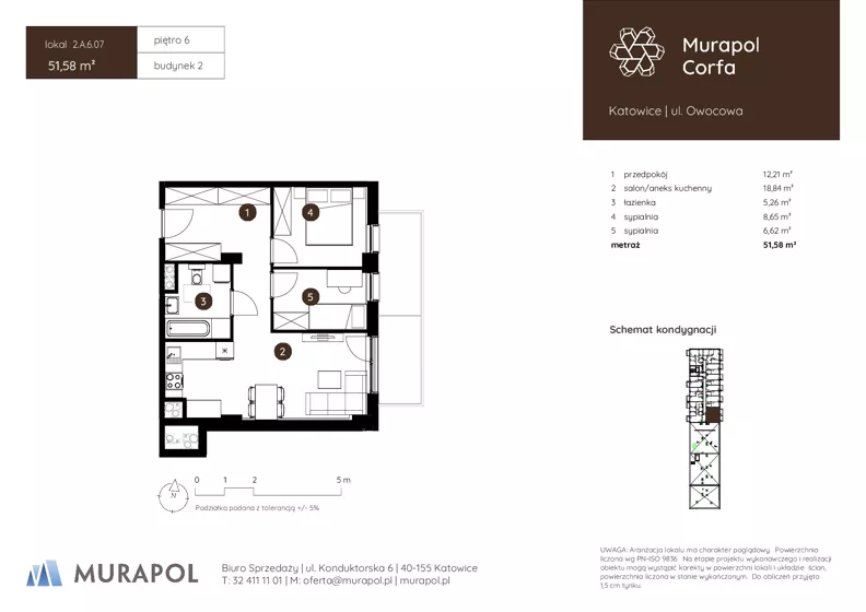 3 pokoje, mieszkanie 51,58 m², piętro 6, oferta nr 2.A.6.07, Murapol Corfa, Katowice, Wełnowiec-Józefowiec, Wełnowiec, ul. Owocowa
