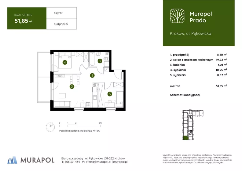 3 pokoje, mieszkanie 51,85 m², piętro 1, oferta nr 5.B.1.03, Murapol Prado - Etap II, Kraków, Prądnik Biały, ul. Piaszczysta