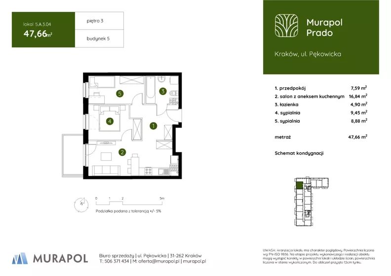 3 pokoje, mieszkanie 47,66 m², piętro 3, oferta nr 5.A.3.04, Murapol Prado - Etap II, Kraków, Prądnik Biały, ul. Piaszczysta