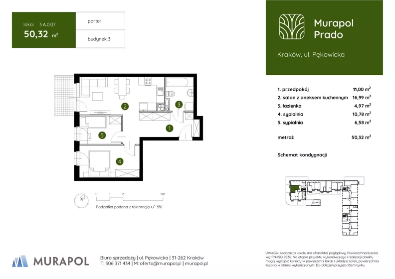 3 pokoje, mieszkanie 50,32 m², parter, oferta nr 3.A.0.07, Murapol Prado - Etap II, Kraków, Prądnik Biały, ul. Piaszczysta
