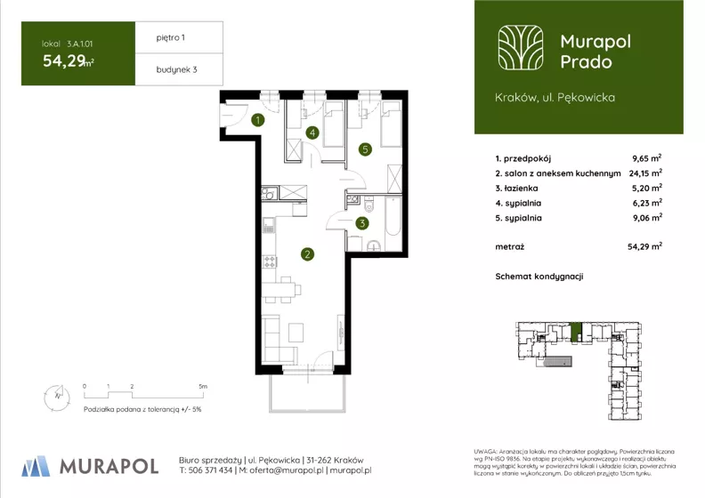 3 pokoje, mieszkanie 54,29 m², piętro 1, oferta nr 3.A.1.01, Murapol Prado - Etap II, Kraków, Prądnik Biały, ul. Piaszczysta