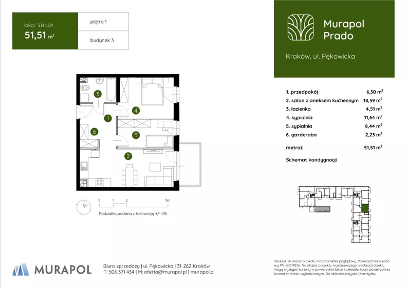 3 pokoje, mieszkanie 51,51 m², piętro 1, oferta nr 3.B.1.04, Murapol Prado - Etap II, Kraków, Prądnik Biały, ul. Piaszczysta