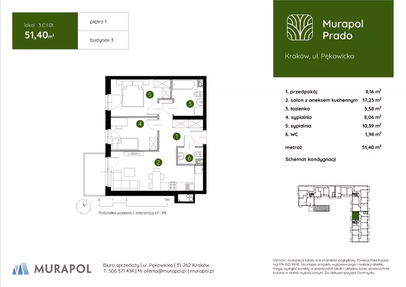 3 pokoje, mieszkanie 51,40 m², piętro 1, oferta nr 3.C.1.01, Murapol Prado - Etap II, Kraków, Prądnik Biały, ul. Piaszczysta