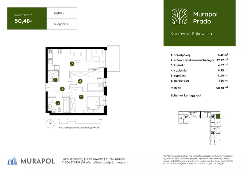 3 pokoje, mieszkanie 50,48 m², piętro 2, oferta nr 3.B.2.02, Murapol Prado - Etap II, Kraków, Prądnik Biały, ul. Piaszczysta