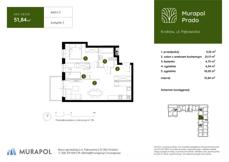 3 pokoje, mieszkanie 51,84 m², piętro 2, oferta nr 3.B.2.05, Murapol Prado - Etap II, Kraków, Prądnik Biały, ul. Piaszczysta