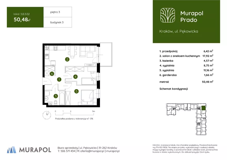3 pokoje, mieszkanie 50,48 m², piętro 3, oferta nr 3.B.3.02, Murapol Prado - Etap II, Kraków, Prądnik Biały, ul. Piaszczysta