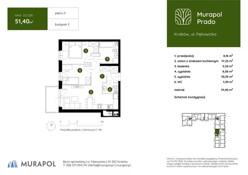 3 pokoje, mieszkanie 51,40 m², piętro 3, oferta nr 3.C.3.01, Murapol Prado - Etap II, Kraków, Prądnik Biały, ul. Piaszczysta