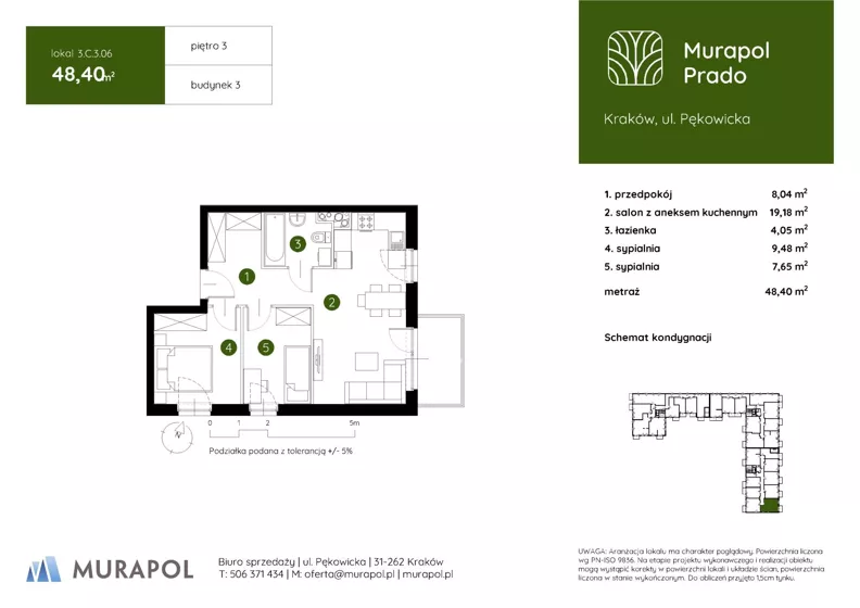 3 pokoje, mieszkanie 48,40 m², piętro 3, oferta nr 3.C.3.06, Murapol Prado - Etap II, Kraków, Prądnik Biały, ul. Piaszczysta