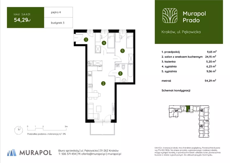 3 pokoje, mieszkanie 54,29 m², piętro 4, oferta nr 3.A.4.01, Murapol Prado - Etap II, Kraków, Prądnik Biały, ul. Piaszczysta