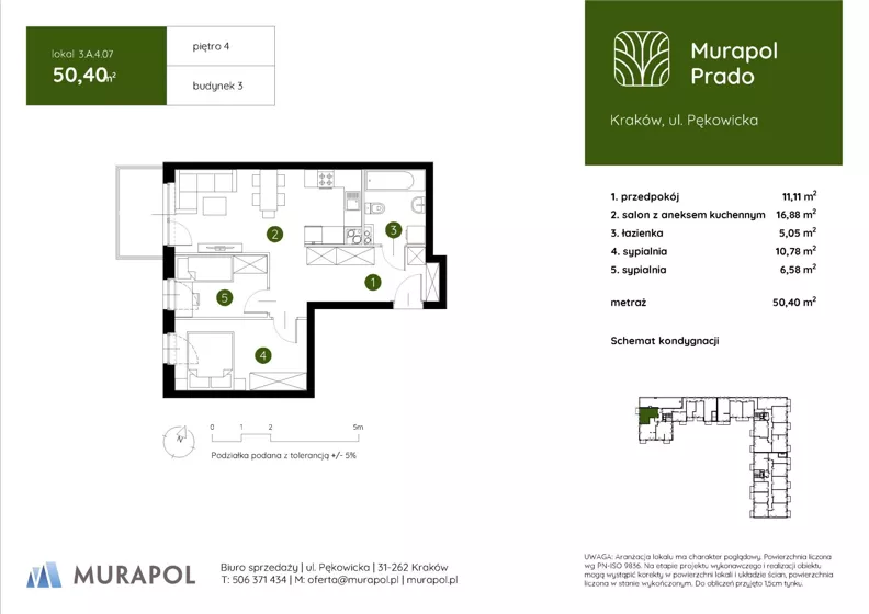 3 pokoje, mieszkanie 50,40 m², piętro 4, oferta nr 3.A.4.07, Murapol Prado - Etap II, Kraków, Prądnik Biały, ul. Piaszczysta