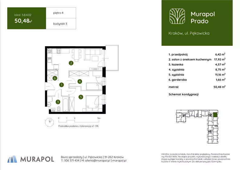 3 pokoje, mieszkanie 50,48 m², piętro 4, oferta nr 3.B.4.02, Murapol Prado - Etap II, Kraków, Prądnik Biały, ul. Piaszczysta