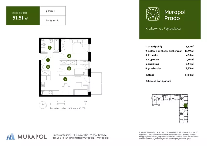 3 pokoje, mieszkanie 51,51 m², piętro 4, oferta nr 3.B.4.04, Murapol Prado - Etap II, Kraków, Prądnik Biały, ul. Piaszczysta