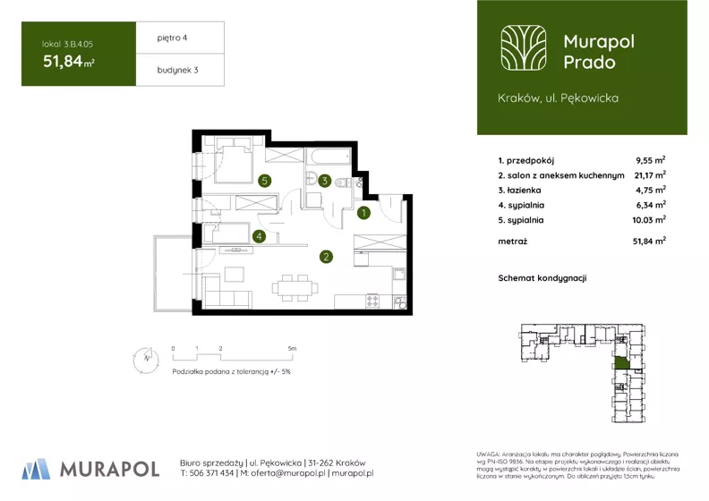 3 pokoje, mieszkanie 51,84 m², piętro 4, oferta nr 3.B.4.05, Murapol Prado - Etap II, Kraków, Prądnik Biały, ul. Piaszczysta