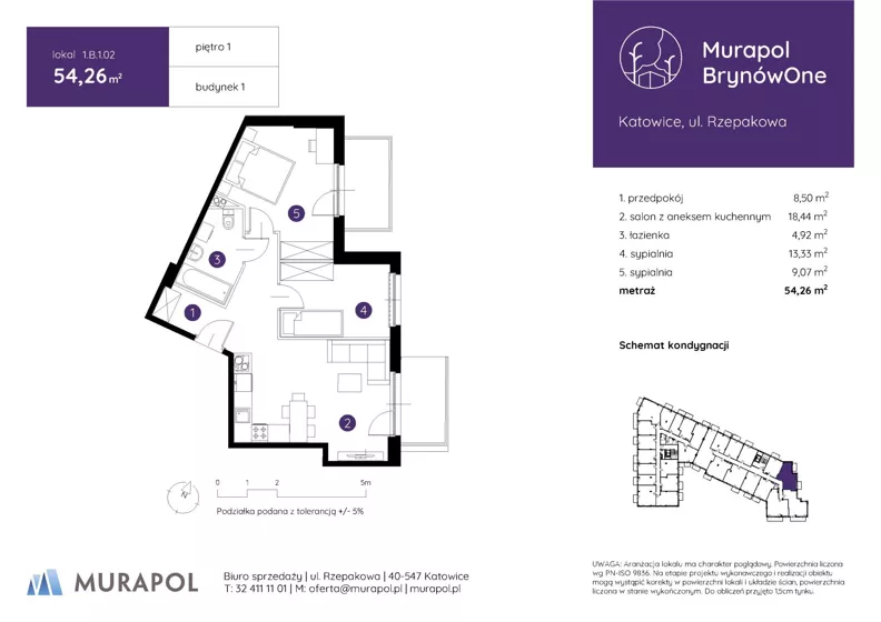 3 pokoje, mieszkanie 54,26 m², piętro 1, oferta nr 1.B.1.02, Murapol BrynówOne, Katowice, Brynów-Osiedle Zgrzebnioka, Brynów, ul. Rzepakowa