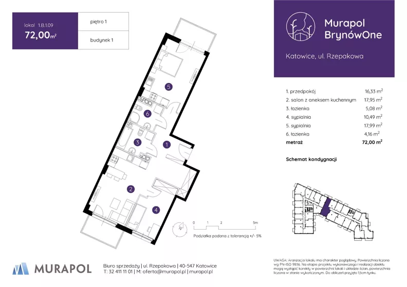 3 pokoje, mieszkanie 72,00 m², piętro 1, oferta nr 1.B.1.09, Murapol BrynówOne, Katowice, Brynów-Osiedle Zgrzebnioka, Brynów, ul. Rzepakowa
