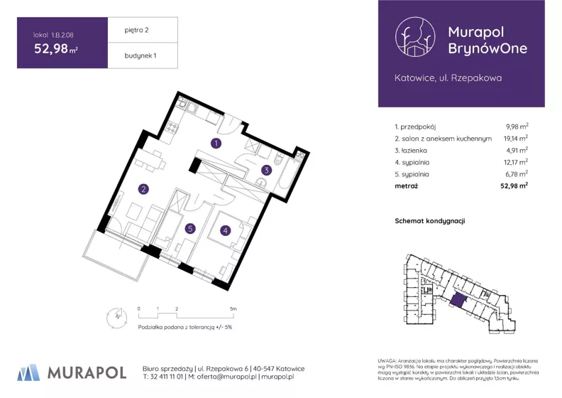 3 pokoje, mieszkanie 52,98 m², piętro 2, oferta nr 1.B.2.08, Murapol BrynówOne, Katowice, Brynów-Osiedle Zgrzebnioka, Brynów, ul. Rzepakowa