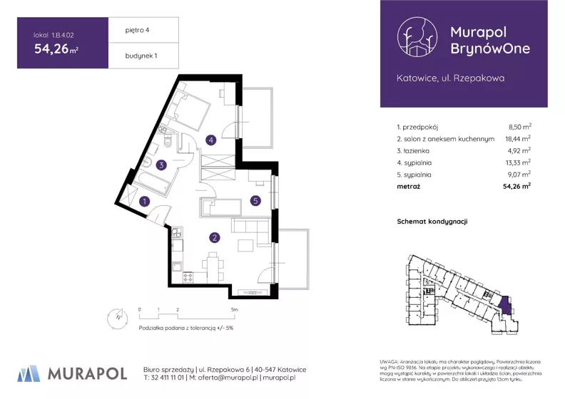 3 pokoje, mieszkanie 54,26 m², piętro 4, oferta nr 1.B.4.02, Murapol BrynówOne, Katowice, Brynów-Osiedle Zgrzebnioka, Brynów, ul. Rzepakowa
