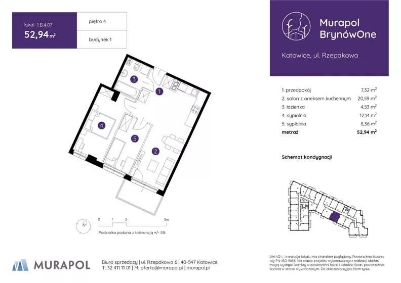 3 pokoje, mieszkanie 52,94 m², piętro 4, oferta nr 1.B.4.07, Murapol BrynówOne, Katowice, Brynów-Osiedle Zgrzebnioka, Brynów, ul. Rzepakowa