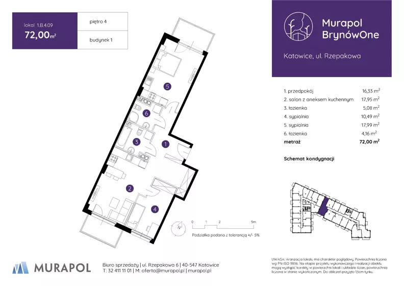 3 pokoje, mieszkanie 72,00 m², piętro 4, oferta nr 1.B.4.09, Murapol BrynówOne, Katowice, Brynów-Osiedle Zgrzebnioka, Brynów, ul. Rzepakowa