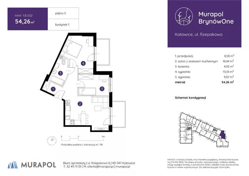 3 pokoje, mieszkanie 54,26 m², piętro 5, oferta nr 1.B.5.02, Murapol BrynówOne, Katowice, Brynów-Osiedle Zgrzebnioka, Brynów, ul. Rzepakowa