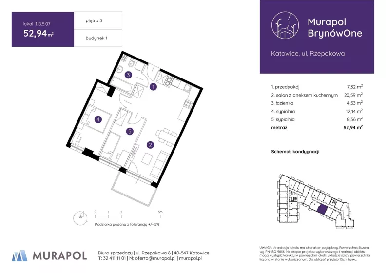 3 pokoje, mieszkanie 52,94 m², piętro 5, oferta nr 1.B.5.07, Murapol BrynówOne, Katowice, Brynów-Osiedle Zgrzebnioka, Brynów, ul. Rzepakowa