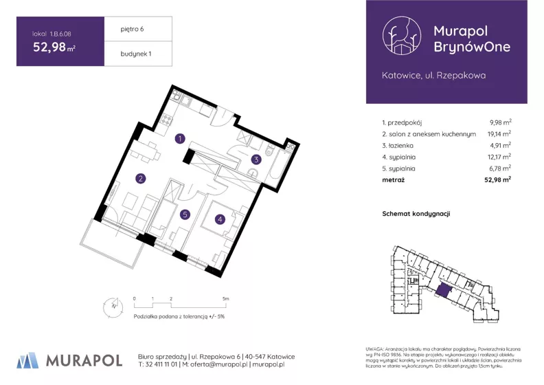 3 pokoje, mieszkanie 52,98 m², piętro 6, oferta nr 1.B.6.08, Murapol BrynówOne, Katowice, Brynów-Osiedle Zgrzebnioka, Brynów, ul. Rzepakowa