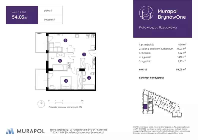 3 pokoje, mieszkanie 54,03 m², piętro 7, oferta nr 1.A.7.05, Murapol BrynówOne, Katowice, Brynów-Osiedle Zgrzebnioka, Brynów, ul. Rzepakowa