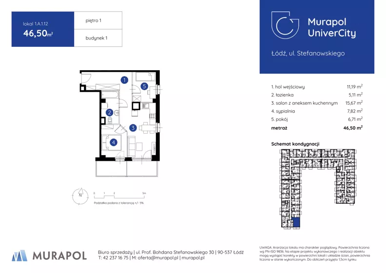 3 pokoje, mieszkanie 46,50 m², piętro 1, oferta nr 1.A.1.12, Murapol UniverCity, Łódź, Śródmieście, ul. Stefanowskiego