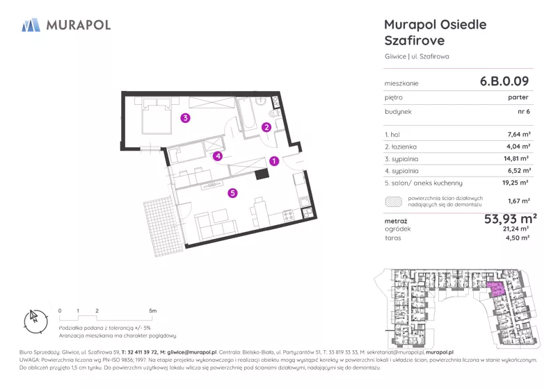 3 pokoje, mieszkanie 53,93 m², parter, oferta nr 6.B.0.09, Murapol Osiedle Szafirove, Gliwice, Stare Gliwice, ul. Szafirowa