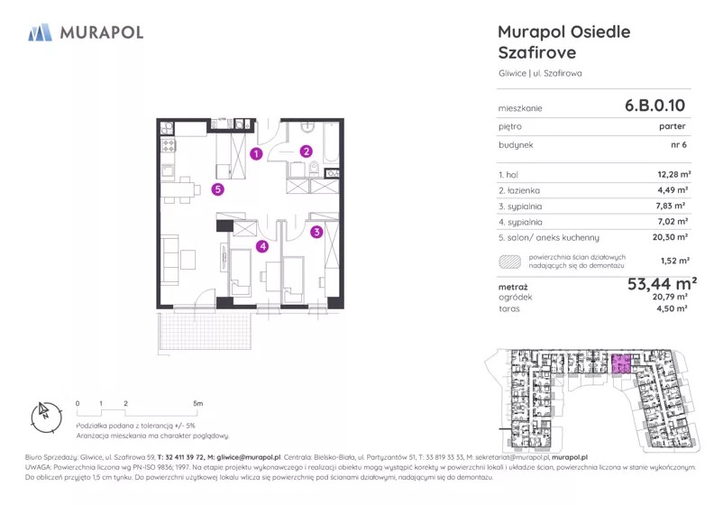 3 pokoje, mieszkanie 53,44 m², parter, oferta nr 6.B.0.10, Murapol Osiedle Szafirove, Gliwice, Stare Gliwice, ul. Szafirowa
