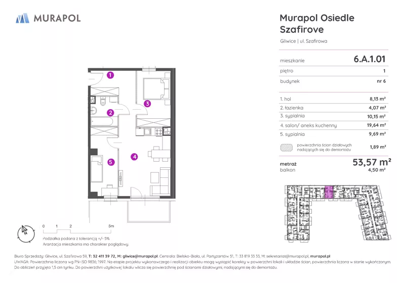 3 pokoje, mieszkanie 53,57 m², piętro 1, oferta nr 6.A.1.01, Murapol Osiedle Szafirove, Gliwice, Stare Gliwice, ul. Szafirowa