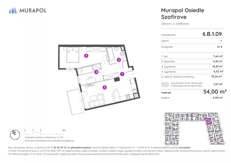 3 pokoje, mieszkanie 54,00 m², piętro 1, oferta nr 6.B.1.09, Murapol Osiedle Szafirove, Gliwice, Stare Gliwice, ul. Szafirowa