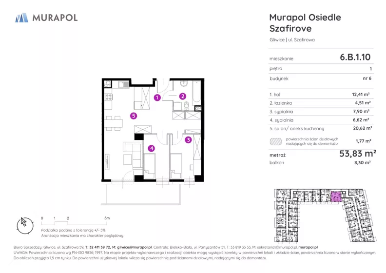 3 pokoje, mieszkanie 53,83 m², piętro 1, oferta nr 6.B.1.10, Murapol Osiedle Szafirove, Gliwice, Stare Gliwice, ul. Szafirowa