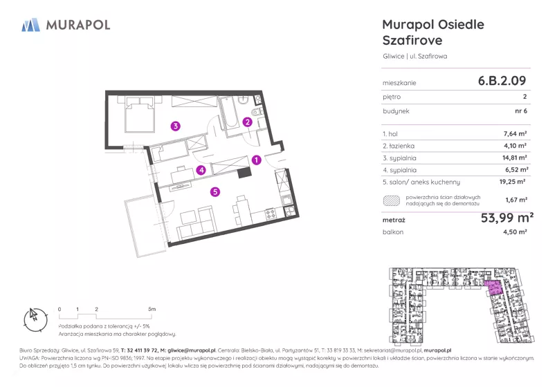 3 pokoje, mieszkanie 53,99 m², piętro 2, oferta nr 6.B.2.09, Murapol Osiedle Szafirove, Gliwice, Stare Gliwice, ul. Szafirowa
