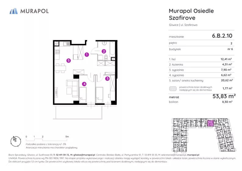 3 pokoje, mieszkanie 53,83 m², piętro 2, oferta nr 6.B.2.10, Murapol Osiedle Szafirove, Gliwice, Stare Gliwice, ul. Szafirowa