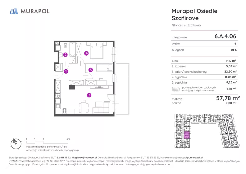 3 pokoje, mieszkanie 57,78 m², piętro 4, oferta nr 6.A.4.06, Murapol Osiedle Szafirove, Gliwice, Stare Gliwice, ul. Szafirowa
