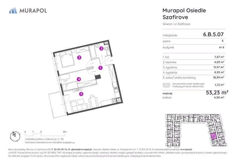 3 pokoje, mieszkanie 53,23 m², piętro 5, oferta nr 6.B.5.07, Murapol Osiedle Szafirove, Gliwice, Stare Gliwice, ul. Szafirowa