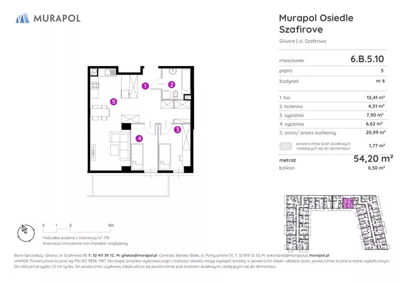 3 pokoje, mieszkanie 54,20 m², piętro 5, oferta nr 6.B.5.10, Murapol Osiedle Szafirove, Gliwice, Stare Gliwice, ul. Szafirowa