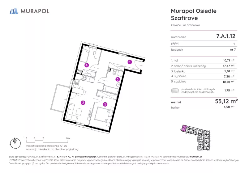 3 pokoje, mieszkanie 53,12 m², piętro 1, oferta nr 7.A.1.12, Murapol Osiedle Szafirove, Gliwice, Stare Gliwice, ul. Szafirowa