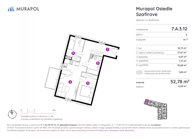 3 pokoje, mieszkanie 52,78 m², piętro 3, oferta nr 7.A.3.12, Murapol Osiedle Szafirove, Gliwice, Stare Gliwice, ul. Szafirowa