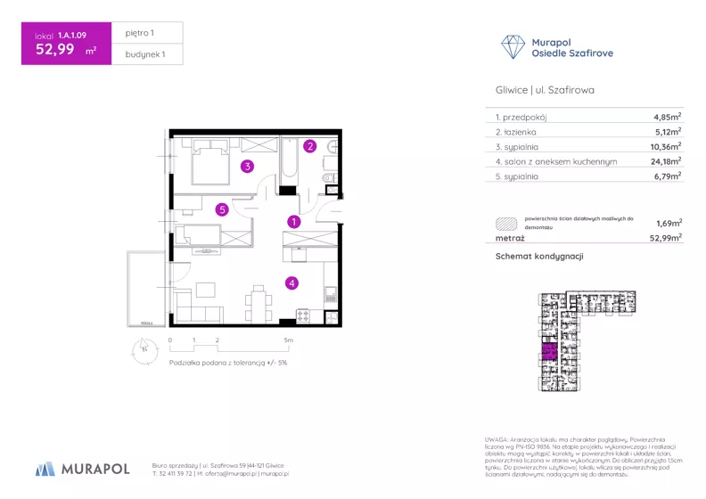 3 pokoje, mieszkanie 52,99 m², piętro 1, oferta nr 1.A.1.09, Murapol Osiedle Szafirove, Gliwice, Stare Gliwice, ul. Szafirowa