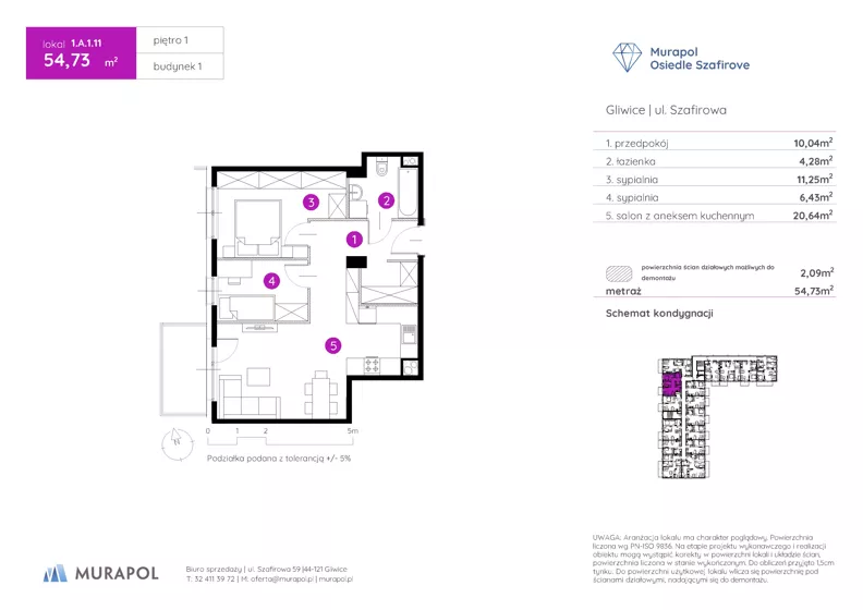 3 pokoje, mieszkanie 54,73 m², piętro 1, oferta nr 1.A.1.11, Murapol Osiedle Szafirove, Gliwice, Stare Gliwice, ul. Szafirowa