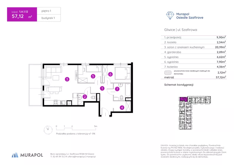 3 pokoje, mieszkanie 57,12 m², piętro 1, oferta nr 1.A.1.12, Murapol Osiedle Szafirove, Gliwice, Stare Gliwice, ul. Szafirowa