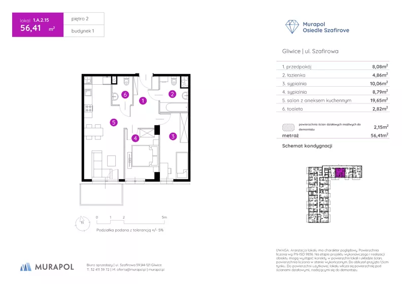 3 pokoje, mieszkanie 56,41 m², piętro 2, oferta nr 1.A.2.15, Murapol Osiedle Szafirove, Gliwice, Stare Gliwice, ul. Szafirowa