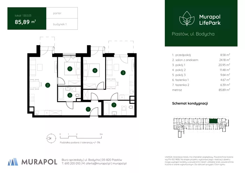 4 pokoje, mieszkanie 85,89 m², parter, oferta nr 1.B.0.05, Murapol LifePark, Piastów, ul. Bodycha 