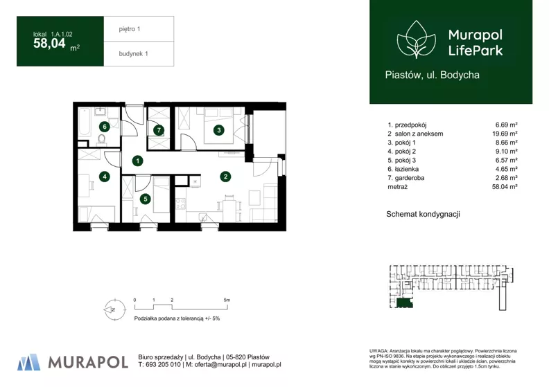 4 pokoje, mieszkanie 58,04 m², piętro 1, oferta nr 1.A.1.02, Murapol LifePark, Piastów, ul. Bodycha 