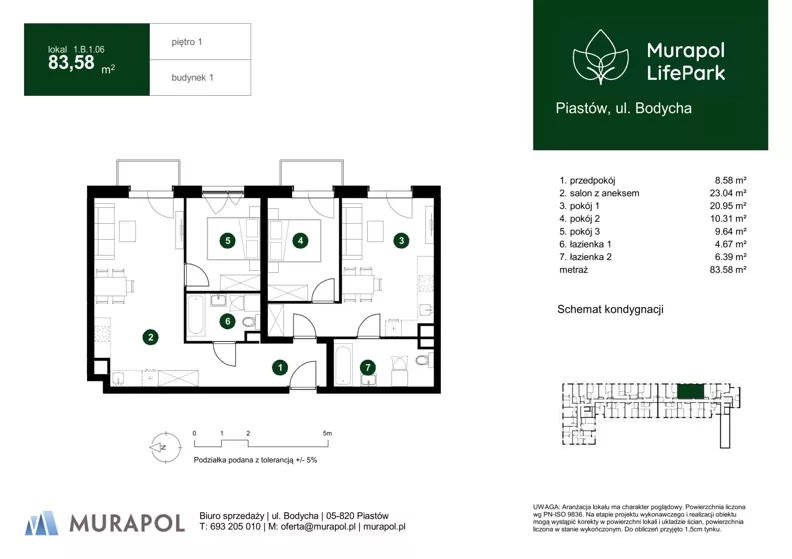 4 pokoje, mieszkanie 83,58 m², piętro 1, oferta nr 1.B.1.06, Murapol LifePark, Piastów, ul. Bodycha 